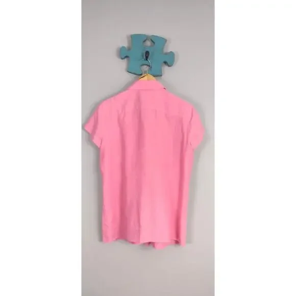 Talbots Pleated Pink Top 100% Linen Short Sleeve Medium - Picture 9 of 9